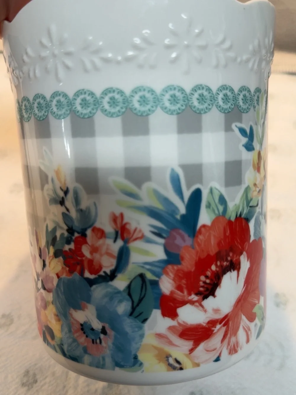 Floral Ceramic Utensil Holder - White with Multicolor Floral Pattern